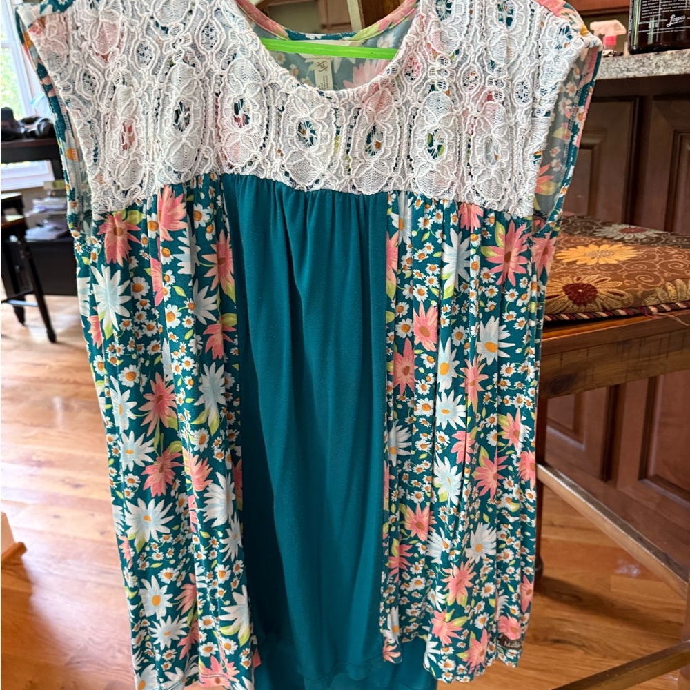 Mathilda Jane Floral Teal Lace Yoke Tunic